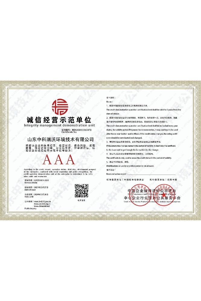 诚信经营示范单位证书